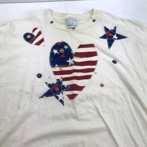 Vintage Jerzees Womens Ivory Short Sleeve Patriotic American Flag Primitive Hear